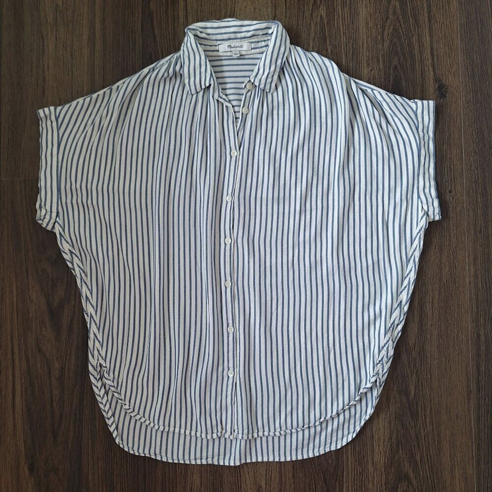 💙 Madewell Oversized Short Sleeve Button Up Blouse Pin Striped 100% Viscose Flo